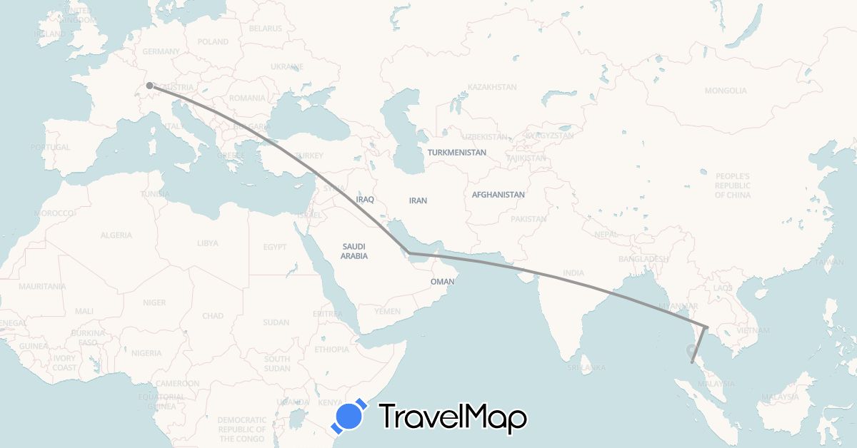 TravelMap itinerary: driving, plane in Switzerland, Qatar, Thailand (Asia, Europe)